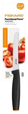 Нож кухонный Fiskars 1014208 стальной для томатов лезв.120мм серрейт. заточка черный/оранжевый - фото 8559