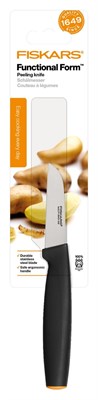 Нож кухонный Fiskars 1014227 стальной для чистки овощей и фруктов лезв.70мм прямая заточка черный/ор - фото 8561